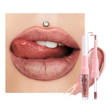 evpct Bronze Gold Metallic Glitter Lip Liner and Lipstick Combo Lip Gloss Sta...