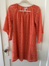 Tacera Women’s Mini Shift Dress Size Small Coral Orange Lace Overlay Bell Sleeve