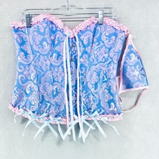 Womens Corset Large Blue Pink Satin Bustier Lingerie Set G String Bows