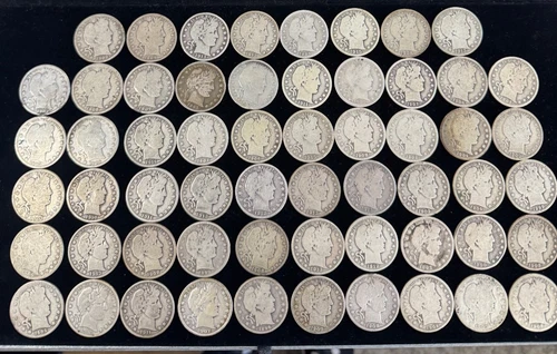 Lot of 58 Barber Silver Half Dollars $29 Face Value 50c Mixed Dates No Reserve