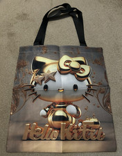 Hello Kitty Graphic Print Tote Bag Grey Gold Black Double Handles Lightweight