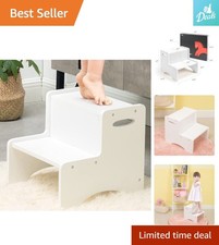 Elegant Wooden 2-Step Toddler Stool with Non-Slip Pads   Classic White Design