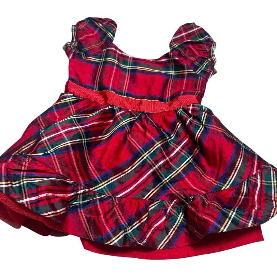 Janie & Jack Tartán Manga Abullonada Vestido de Seda Vacaciones Navidad Fotos Familiares 3-6 meses Foto 3 de 4