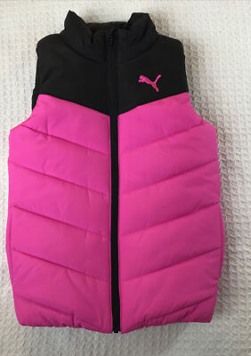 Puma Girls Puffer Vest S 7-8 Bright Pink Black Full Zip