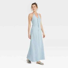 Universal Thread Women's Light Wash Denim Halter Button Up Maxi Dress Size 00