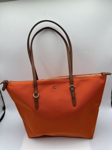 Ralph Lauren Keaton Orange Nylon Brown Faux Leather Tote Shoulder Handbag - Picture 1 of 10