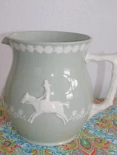 Vintage Spode Fortuna Porcelain Green Pitcher Jug Sage Green 72 oz 7.25" England