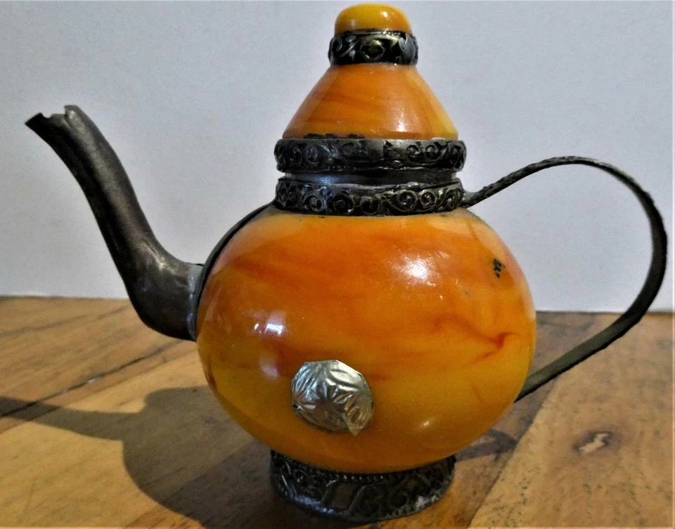 Vintage-Brass & Orange Slag Glass Teapot Lidded Stash-Trinket Box - Image 2 of 4