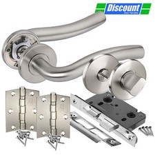 Image of Brushed Stainless Steel Bathroom Door Handle Packs with Wave Lever Door Handles