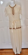 1930-1940 s Long Cream White Evening Dress Detailed Rhinestones /Gold ART DECO