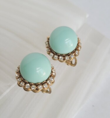 Miriam Haskell Glass Mint Robin Egg Halo Clear Rhinestones Screw Back Earrings