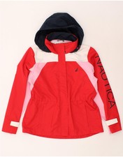 Nautica Womens Graphic Hooded Rain Jacket Uk 16 Large Red Colourblock Bq14