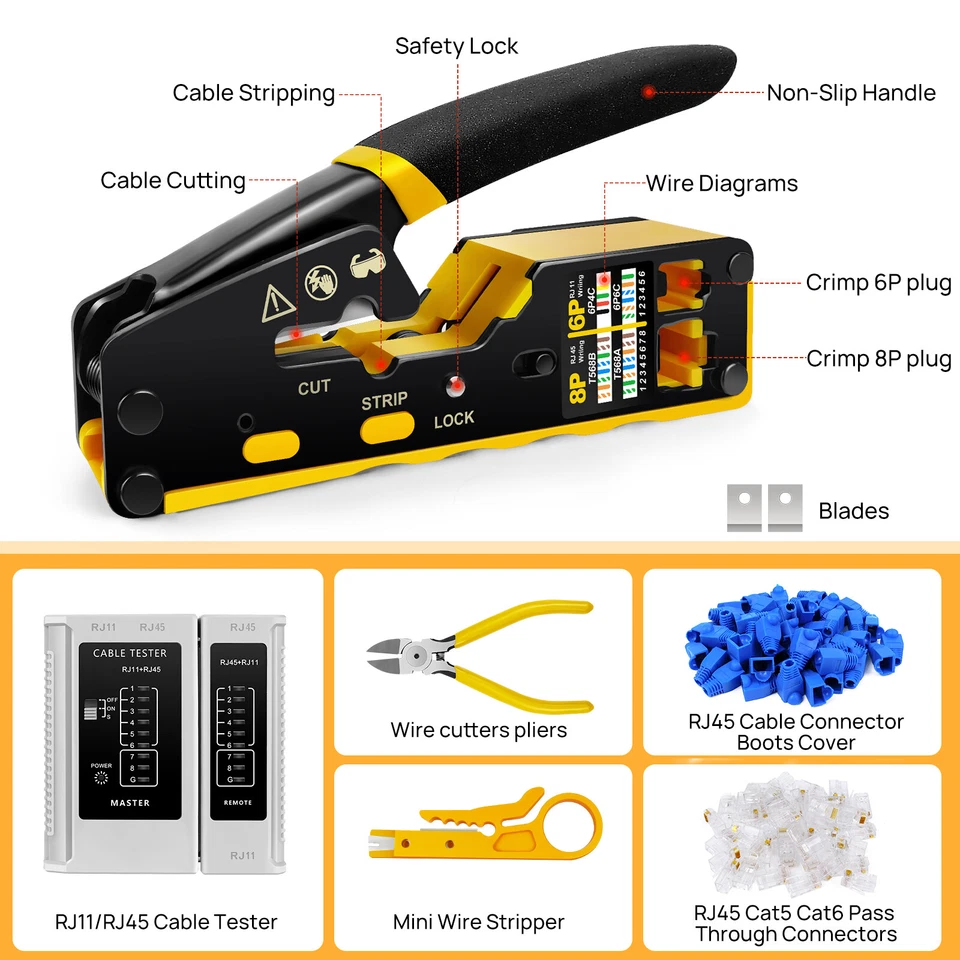 RJ11 RJ45 Crimp Tool Kit Cat5/5e/6 Cable Pass Through Crimper Ethernet Network  - Image 2 of 4