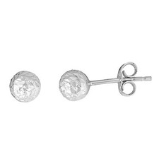 14K White Gold 5mm Ball Stud Earrings with Crystal Cut Finish, Push Back Clasp