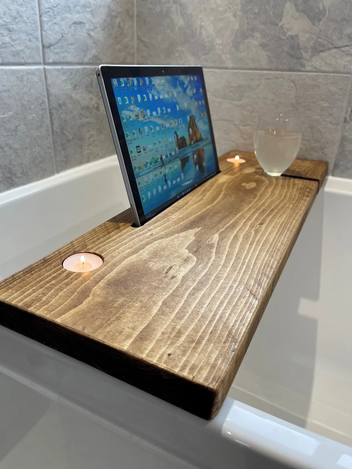 Wooden Bath Caddy Urban Reclamation Handmade UK Rustic Waxed Solid Wood