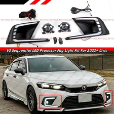 FOR 2022-24 CIVIC V2 DRL LED FOG LAMP BEZEL COVER + CLEAR PROJECTOR FOG LENS KIT