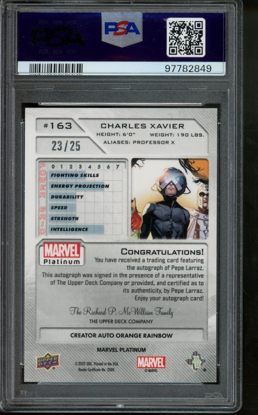 2023 Upper Deck Marvel Platinum Pepe Larraz Auto Orange Rainbow /25 PSA 10 view 2