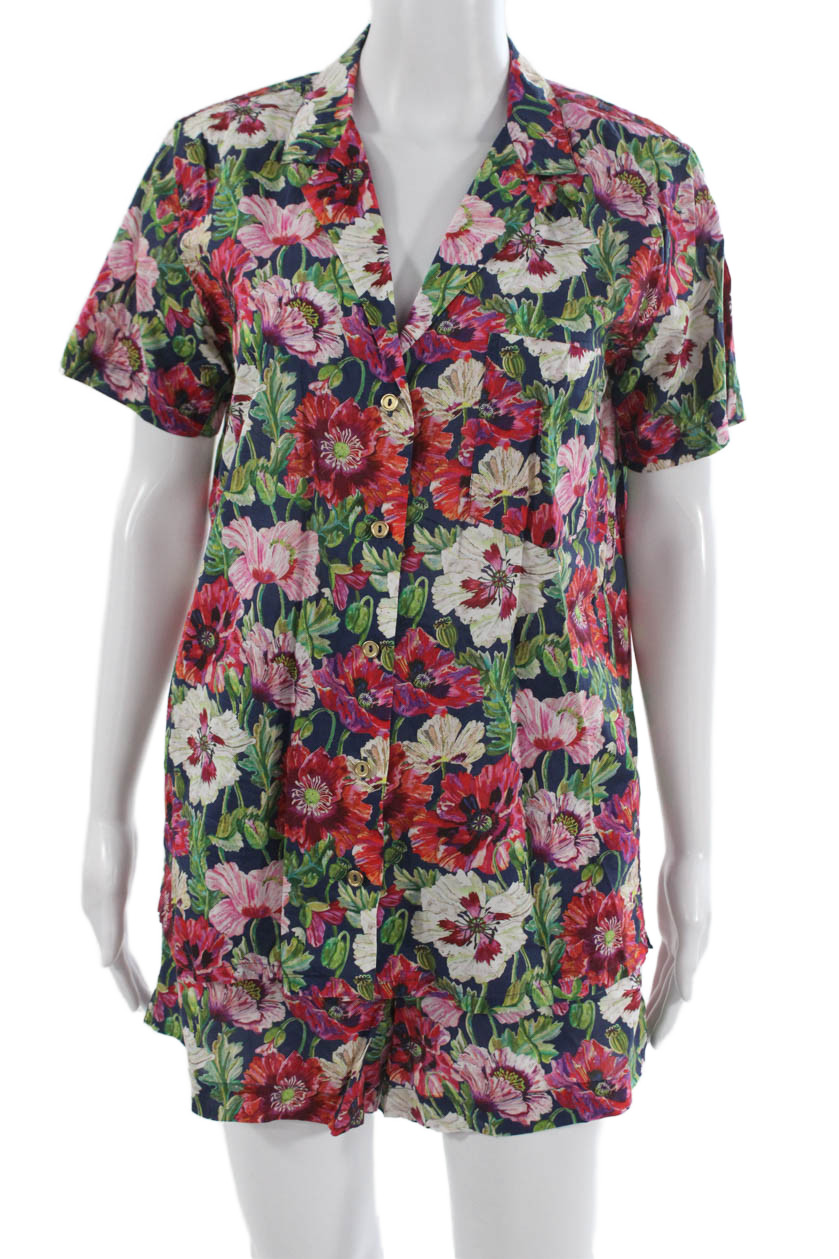 ONIA Mens Dark Blue Floral Cotton Collared Short Sleeve Button-Up Size MFree Shipping in US $100+ Orders | $6.95 Orders Below