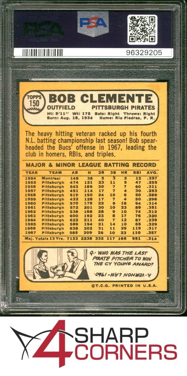 1968 TOPPS #150 ROBERTO BOB CLEMENTE PIRATES HOF PSA 8 view 2