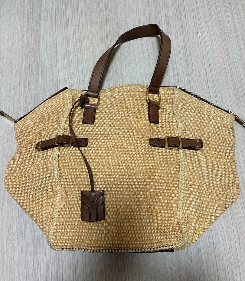 YVES SAINT LAURENT Rive Gauche Raffia Leather Tote in Brown Pre-Owned