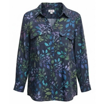 Blue leaf Blouse Top Gorpcore Nature Design Sz Med D & Co. Leaves Tailored Boho