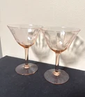 Pink Depression Glass Stemmed Wine Glass pair Ribbed floral etched Vintage