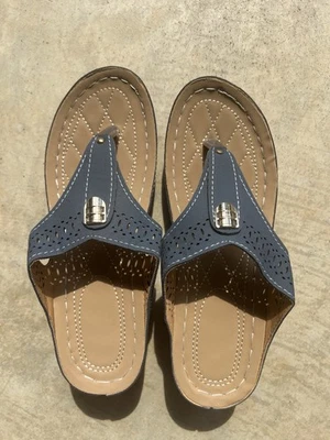 Thong Sandals - NEW - Size 7-1/2 - Denim Blue Color - Gold Trim On Top - Image 1 of 4