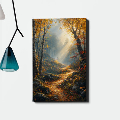 Misty autumn forest path with light beam Canvas Art moody landscape
