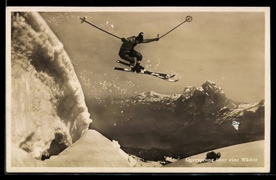 Photo Postcard Skiers Crossing Over a Guard 