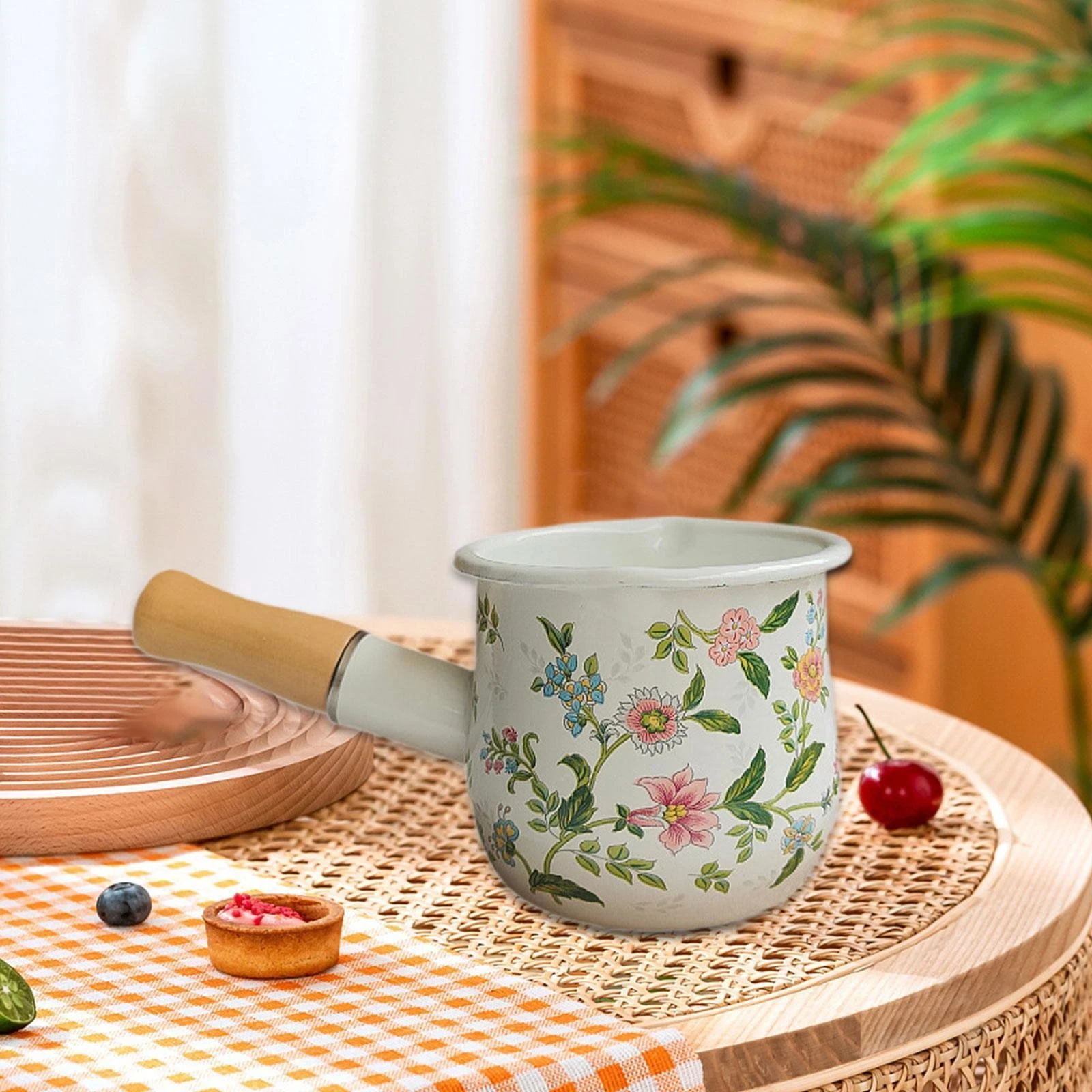Small Enamel Milk Pot Small Saucepan Cookware with Long Handle Nonstick Mini