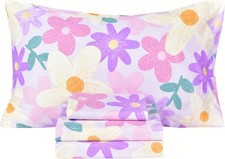 Purple Flower Painting Girls 100 Cotton 4 Pcs Full Bed Sheet Set Kids Toddler