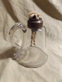 Antique 19th C Clear Glass Whale Oil Lamp Dbl Font Metal Burner Applied Handle