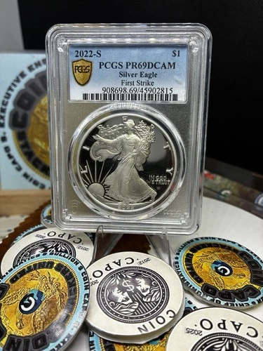 PCGS GOLD SHIELD 2022 S PR 69 DCAM SILVER EAGLE FIRST STRIKE ASE PF 69 PROOF 1oz