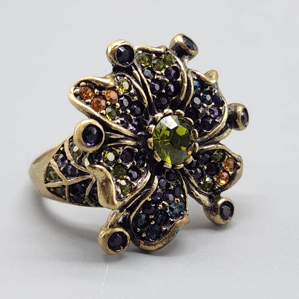 Anillo Flor Heidi Daus Verde Púrpura Estrás Racimo Pavé Latón Para Mujer Talla 12 Foto 2 de 4