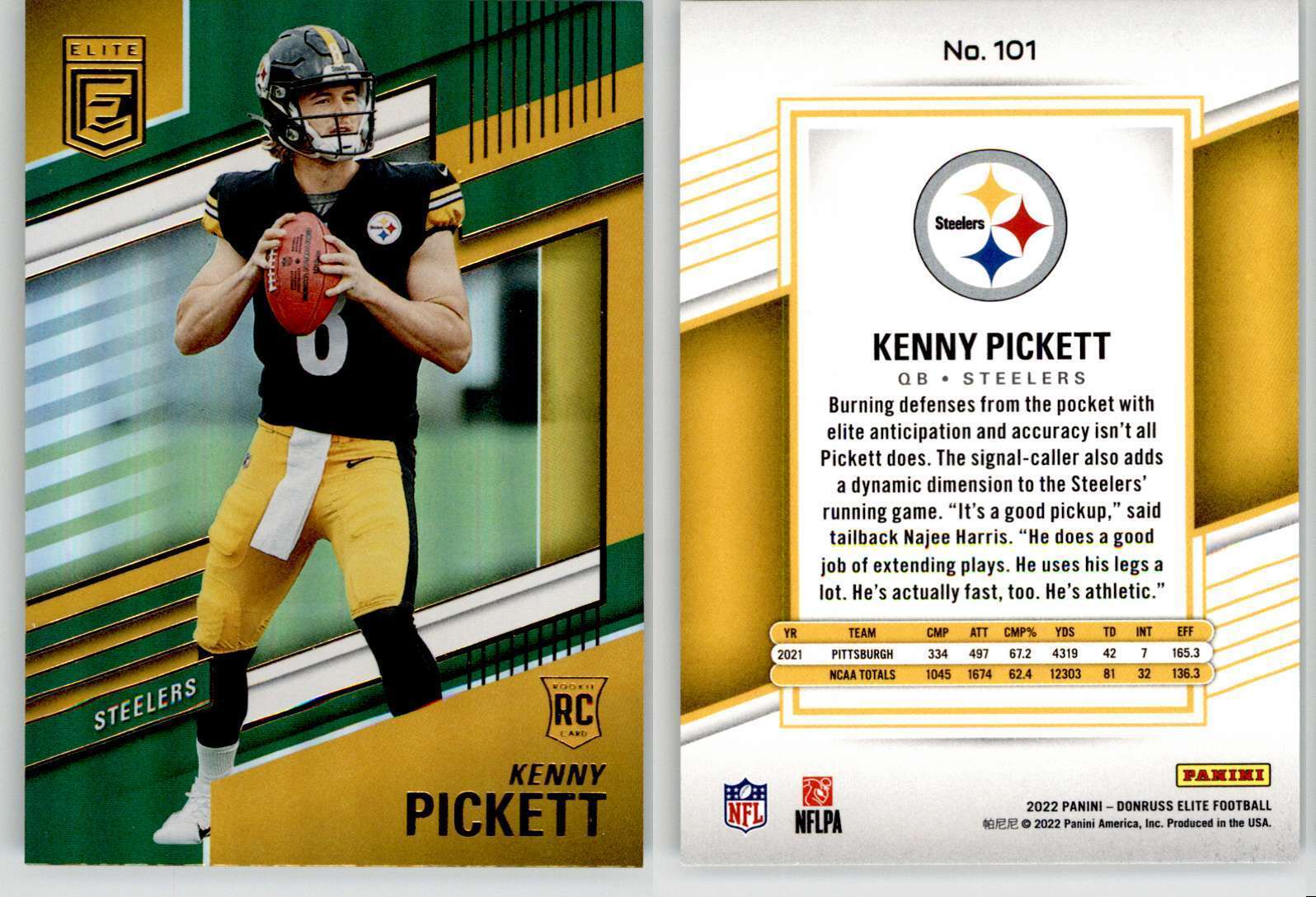 Kenny Pickett 2022 Donruss Elite Green #101 Pitt Steelers Eagles RC Rookie
