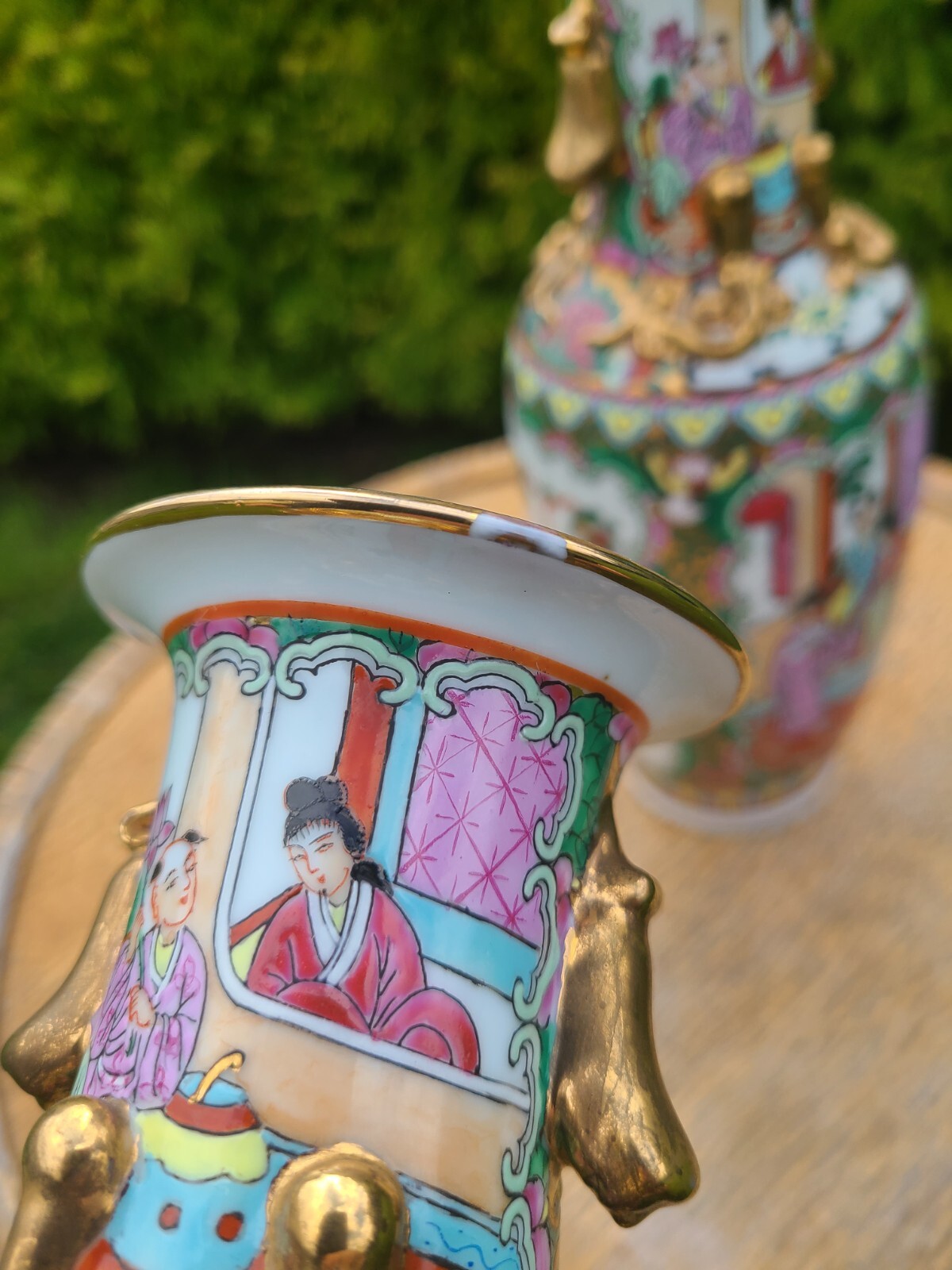 PAIR PORCELAIN BALUSTRADE VASES CHINA CANTON SIGNS BLUE CIRCLE 19TH CENTURY