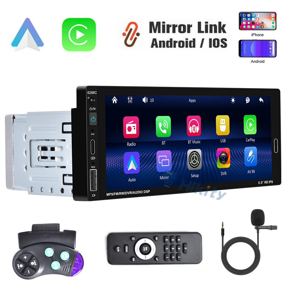 6.86 Inch 1 DIN Car Stereo with Apple CarPlay Android Auto Bluetooth FM USB AUX