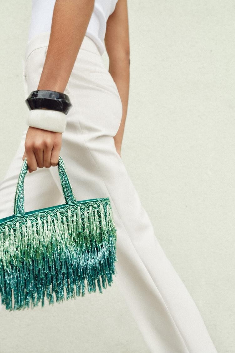 【ZARA】ラインストーン フリンジ バッグ 6577/510/500 Zara Rhinestone Fringe Bag Green 6577/510/500 Detachable