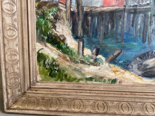 VINTAGE 1960s HARBOR SCENE PAINTING WITH BOATS AND LOBSTER FISHERMAN SIGNED - Picture 9 of 10