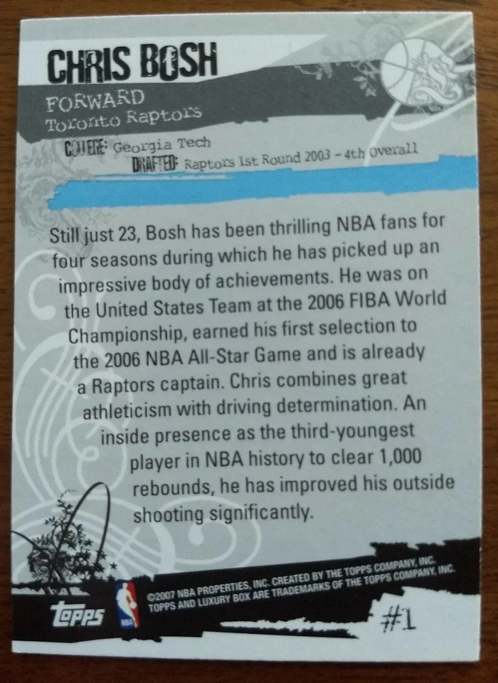 CHRIS BOSH, 2006-07 TOPPS LUXURY BOX #1, RAPTORS - Image 2 of 2