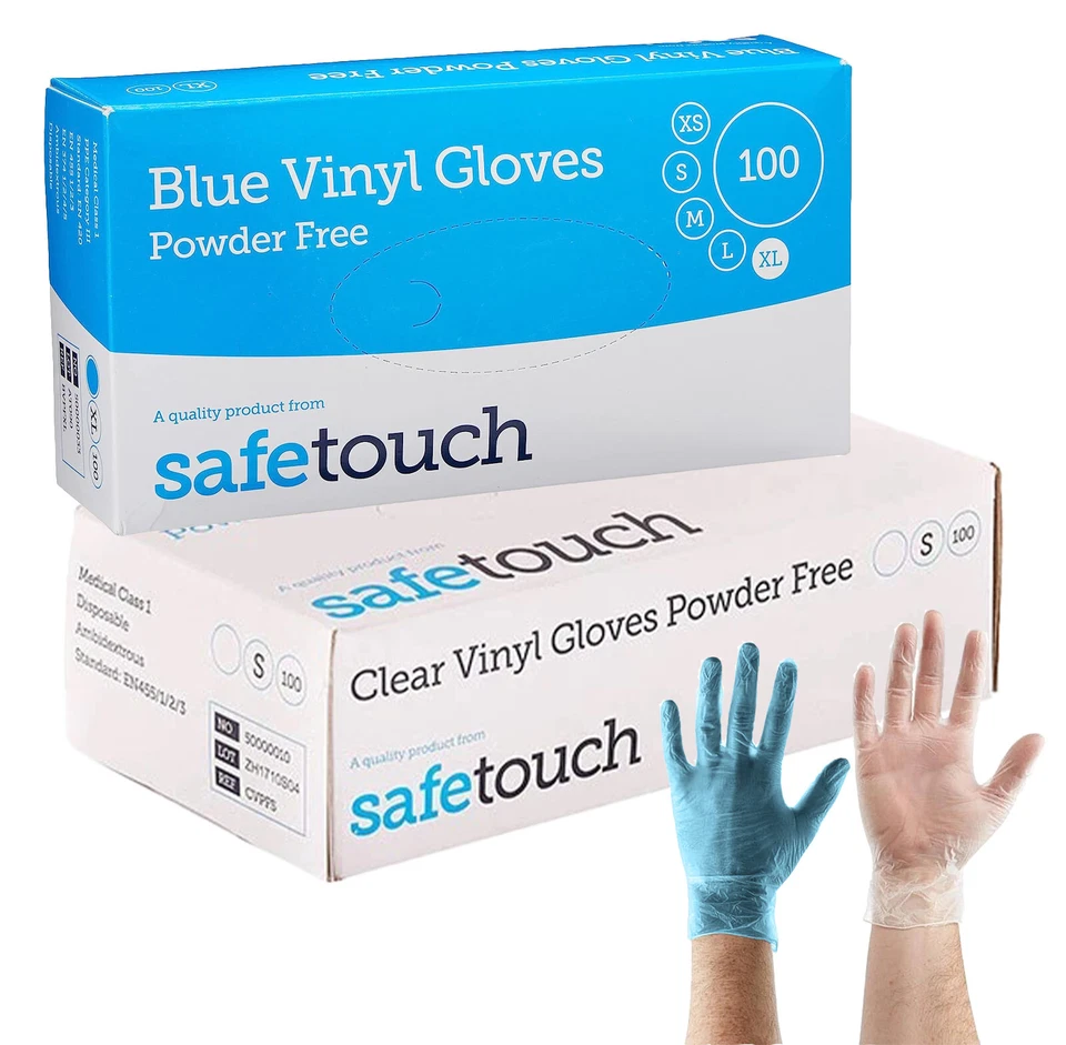 SAFETOUCH Clear & Blue Disposable Vinyl Gloves Powder Latex Free for Hand Care Protection