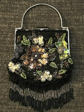 Vintage Sequin Glass Bead Black Floral Handbag, Top Handle, Metal Frame NOS