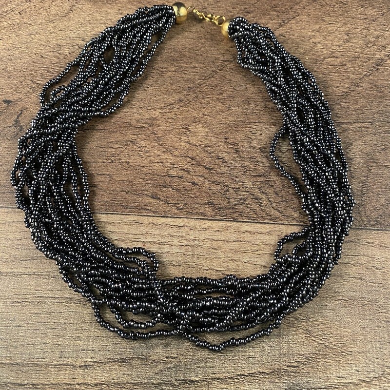 16" Long 12 Strand Black Beaded Necklace Costume Jewelry 