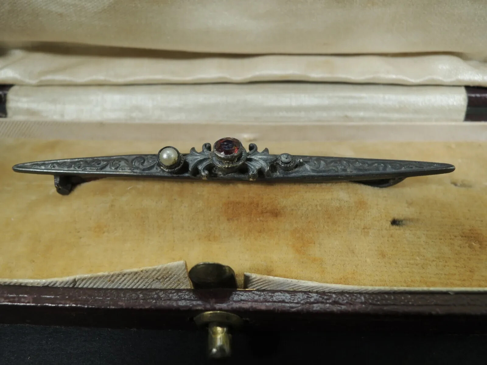 Antique Victorian-Solid Silver Ruby- 800ag. pin b… - image 2