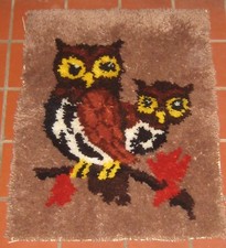 Vintage 1970s Owl Latch Hook Rug Wall Art HIppie Boho Kitch Raw Edges 28 x 21