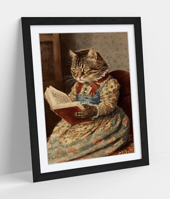 KATZE LIEST EIN BUCH BEATRIX POTTER STIL - GERAHMTES KUNSTBILD PAPIERDRUCK
