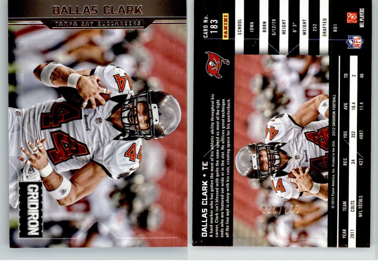 Dallas Clark 2012 Gridiron Football Silver X’s #183 /250 Buccaneers