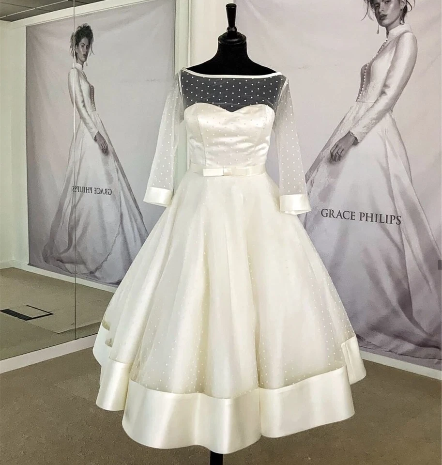 Vestidos de novia románticos cortos longitud té manga 3/4 playa línea A vestidos de novia Foto 3 de 4