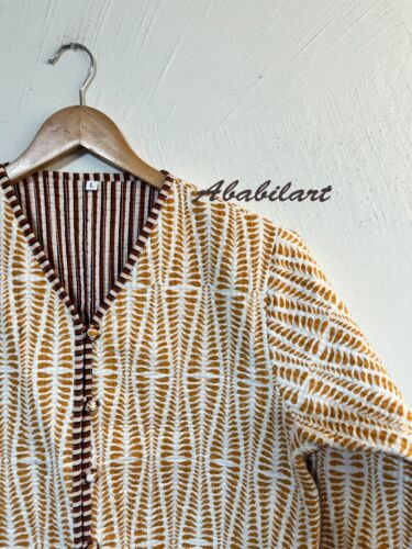Indian Handmade Chevron Printed Cotton Quilted Jacket Vintage Reversible Jacket - Picture 2 of 7