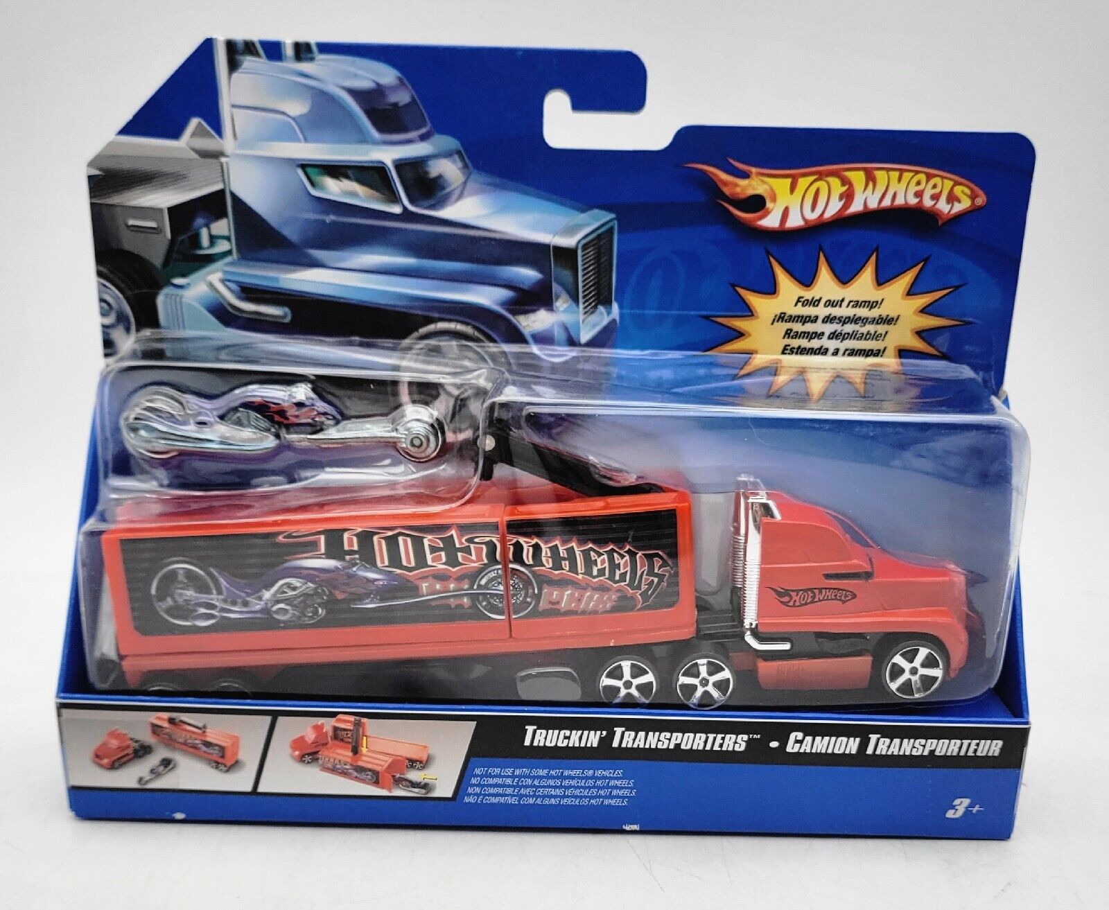 Hot Wheels 2006 Red TRUCKIN' TRANSPORTER with HAMMER SLED Motorcycle Chopper